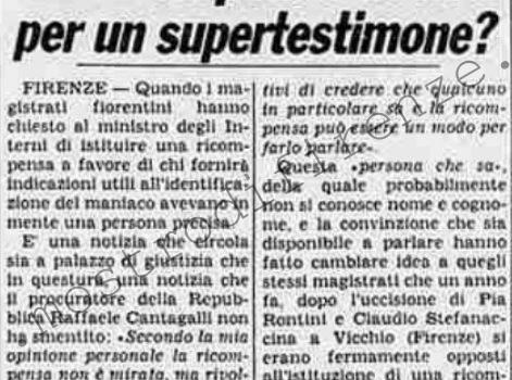 <b>20 Settembre 1985 Stampa: La Stampa – La ricompensa decisa per un supertestimone?</b>