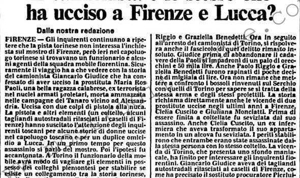 <b>4 Luglio 1986 Stampa: L’Unità – Inquirenti fiorentini a Torino Il camionista è lo stesso che ha ucciso a Firenze e Lucca?</b>