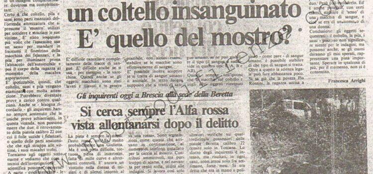 <b>9 Agosto 1984 Stampa: La Città – Trovato dai poliziotti un coltello insanguinato – Si cerca sempre l’Alfa rossa vista allontanarsi dopo il delitto</b>