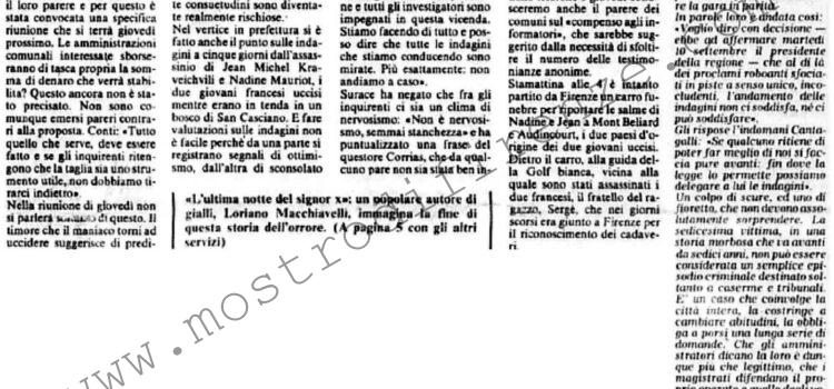 <b>14 Settembre 1985 Stampa: La Nazione – Taglia sul mostro – Mostro: ora si indaga in silenzio – Contro il mostro anche sindaci di 13 comuni</b>