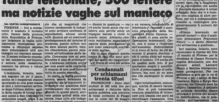 <b>20 Novembre 1985 Stampa: La Stampa – Tante telefonate, 500 lettere, ma notizie vaghe sul maniaco</b>