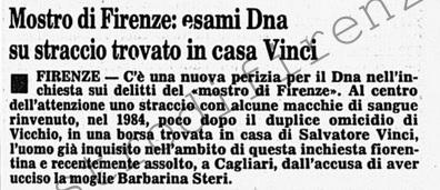 <b>10 Giugno 1988 Stampa: Corriere della Sera – Mostro di Firenze: esami Dna su straccio trovato a casa di Vinci</b>
