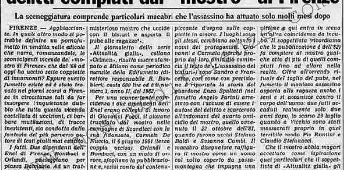 <b>5 Novembre 1984 Stampa: Stampa Sera – Un pornofumetto di due anni fa anticipò delitti compiuti dal “mostro” di Firenze</b>