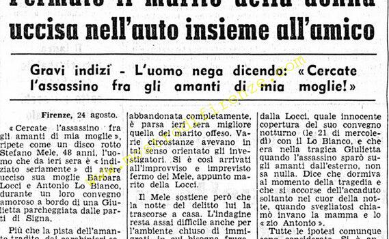 <b>24 Agosto 1968 Stampa: Corriere della Sera – Fermato il marito della donna uccisa nell’auto insieme all’amico</b>