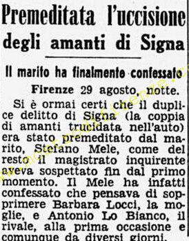 <b>30 Agosto 1968 Stampa: Corriere della Sera – Premeditata l’uccisione degli amanti di Signa</b>