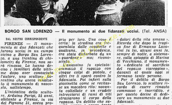 <b>8 Giugno 1976 Stampa: Corriere della Sera – Svelato il “giallo” del monumento dedicato ai due fidanzati uccisi</b>