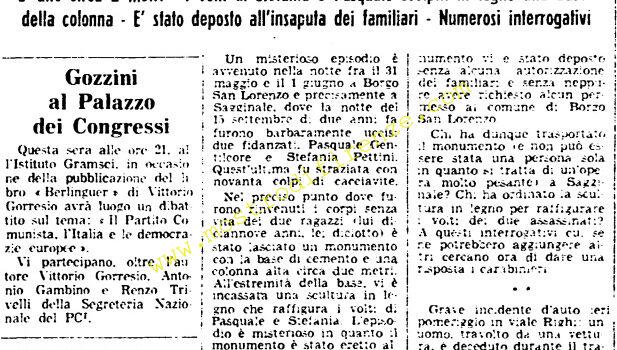 <b>3 Giugno 1976 Stampa: L’Unità – Depositato un monumento ai due fidanzati uccisi</b>