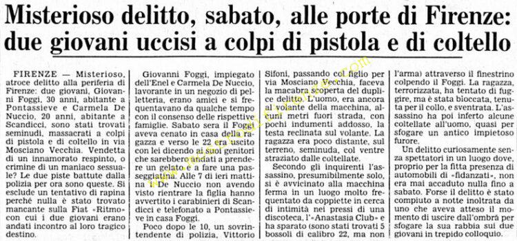 <b>8 Giugno 1981 Stampa: Corriere della Sera – Misterioso delitto, sabato, alle porte di Firenze: due giovani uccisi a colpi di pistola e coltello</b>