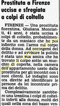 <b>15 Febbraio 1982 Stampa: Corriere della Sera – Prostituta a Firenze uccisa e sfregiata a colpi di coltello</b>