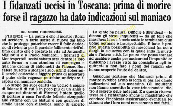 <b>22 Giugno 1982 Stampa: Corriere della Sera – I fidanzati uccisi in Toscana: prima di morire forse il ragazzo ha dato indicazioni al maniaco</b>