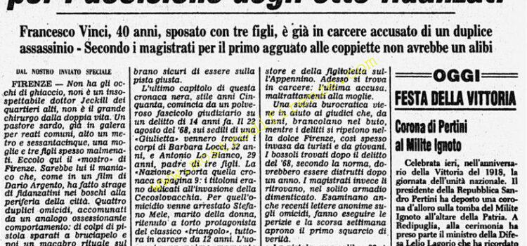 <b>8 Novembre 1982 Stampa: Corriere della Sera – Firenze, un pastore sardo indiziato per l’uccisione degli otto fidanzati</b>