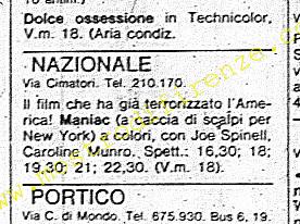 <b>22 Novembre 1981 Stampa: La Nazione programmazione del film Maniac a Firenze</b>