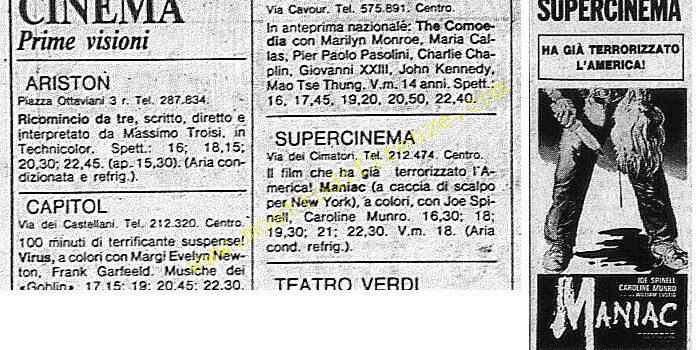 <b>30 Agosto 1981 Stampa: La Nazione programmazione del film Maniac a Firenze</b>