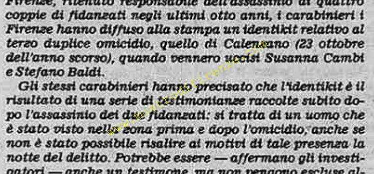 <b>3 Luglio 1982 Stampa: Stampa Sera – Assassino di Firenze diffuso l’identikit</b>