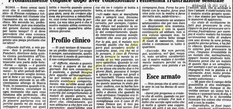 <b>5 Agosto 1984 Stampa: Corriere della Sera – “Il mostro di Firenze non ricorda quello che ha fatto”</b>