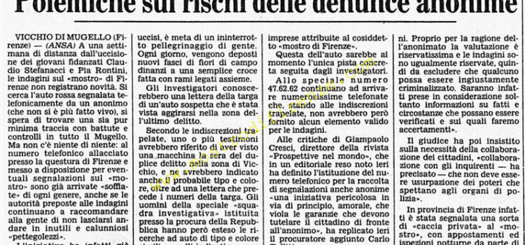 <b>7 Agosto 1984 Stampa: Corriere della Sera – Dilaga a Firenze la psicosi dell’assassino. Polemiche sui rischi della denunce anonime</b>