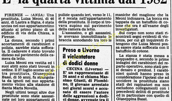<b>14 Ottobre 1984 Stampa: Corriere della Sera – Prostituta soffocata a Firenze. E’ la quarta vittima dal 1982</b>