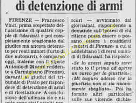 <b>14 Febbraio 1984 Stampa: La Stampa – Firenze, Francesco Vinci è assolto dall’accusa di detenzione di armi</b