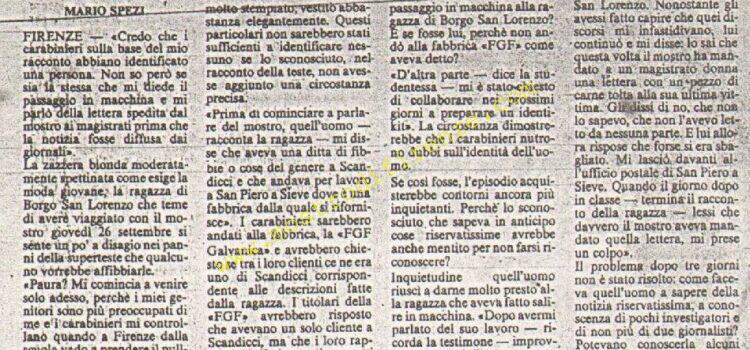 <b>19 Ottobre 1985 Stampa: La Nazione – Le piste del mostro: parla la ragazza dell’autostop – L’ombra di un uomo chiamato mostro – Mostro: chi parlò alla ragazza della busta col macabro messaggio?</b>