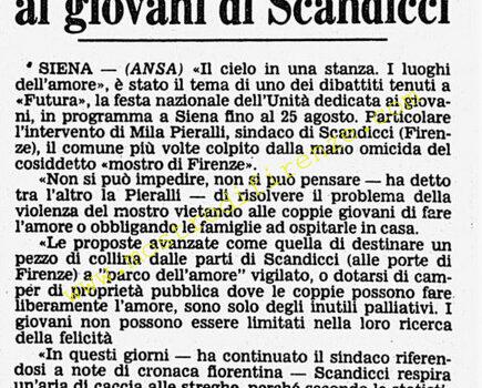 <b>19 Agosto 1985 Stampa: Corriere della Sera – “Nidi d’amore” protetti ai giovani di Scandicci</b>
