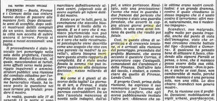 <b>14 Settembre 1985 Stampa: Corriere della Sera – Proposti cinquecento milioni di taglia per dare un volto al mostro di Firenze</b>
