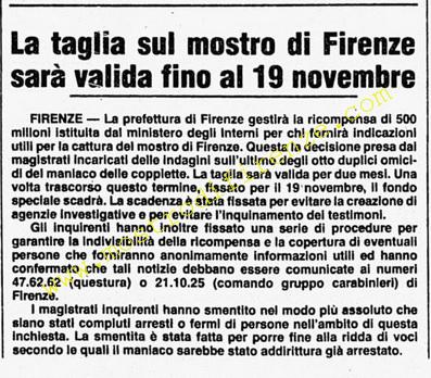 <b>25 Settembre 1985 Stampa: Corriere della Sera – La taglia sul mostro di Firenze sarà valida fino al 19 novembre</b>