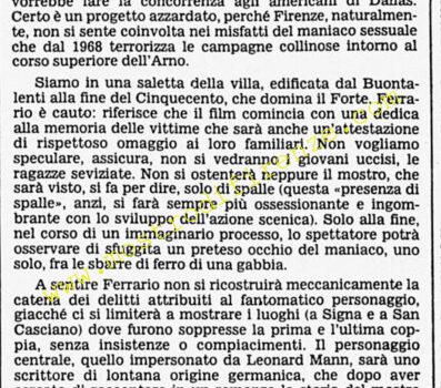 <b>20 Novembre 1985 Stampa: Corriere della Sera – Mostro di Firenze: ieri il primo ciak</b>