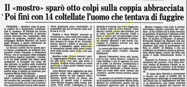<b>28 Dicembre 1985 Stampa: Corriere della Sera – Il “mostro” sparò otto colpi sulla coppia abbracciata</b>