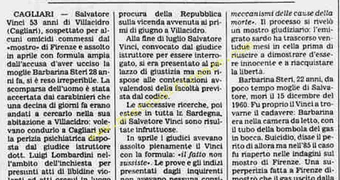 <b>9 Dicembre 1988 Stampa: La Stampa – Vinci è scomparso da nove giorni</b>