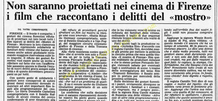 <b>12 Febbraio 1986 Stampa: Corriere della Sera – Non saranno proiettati nei cinema di Firenze i film che raccontano i delitti del “mostro”</b>