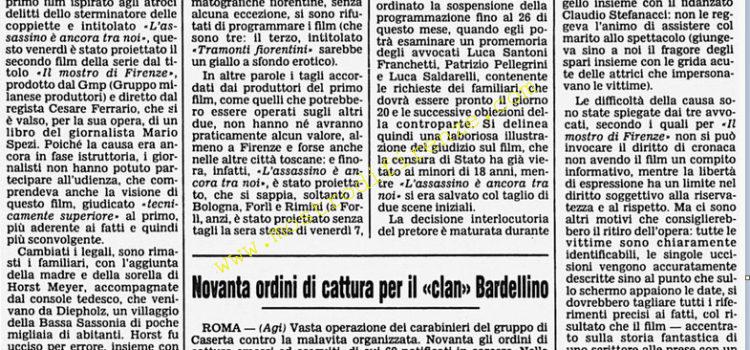 <b>16 Febbraio 1986 Stampa: Corriere della Sera – Il pretore ha bloccato la programmazione del secondo film sul “mostro di Firenze”</b>