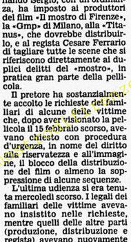 <b>4 Marzo 1986 Stampa: Corriere della Sera – Mostro di Firenze Il film di Ferrario dovrà subire tagli sostanziali</b>