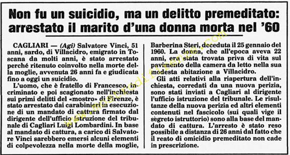 <b>14 Giugno 1986 Stampa: Corriere della Sera – Non fu un suicidio, ma un delitto premeditato: arrestato il marito d’una donna morta nel ’60</b>