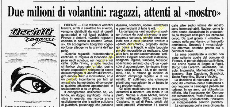 <b>18 Giugno 1986 Stampa: Corriere della Sera – Due milioni di volantini: ragazzi, attenti al “mostro”</b>