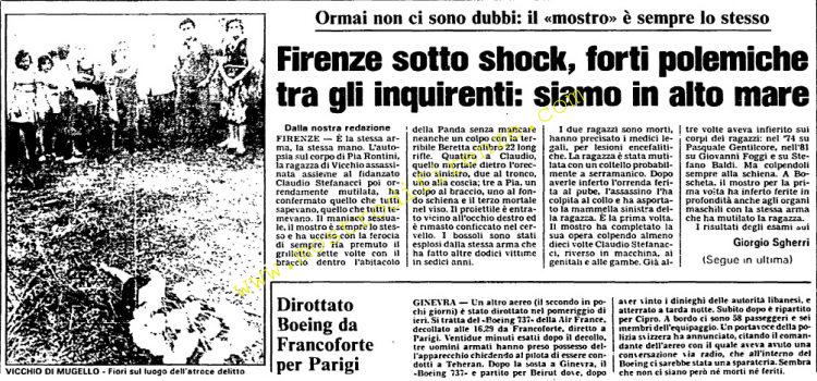 <b>1 Agosto 1984 Stampa: L’Unità – Firenze sotto shock, forti polemiche fra gli inquirenti: siamo in alto mare</b>