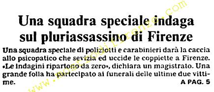 <b>2 Agosto 1984 Stampa: L’Unità – Il “mostro” di Firenze, ora lo cerca una squadra speciale</b>