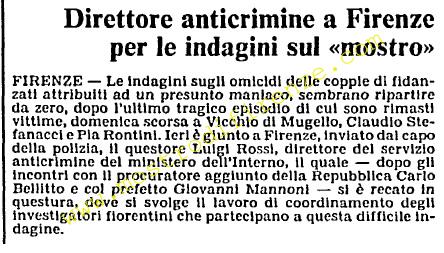 <b>4 Agosto 1984 Stampa: L’Unità – Direttore anticrimine a Firenze per le indagini sul “mostro”</b>