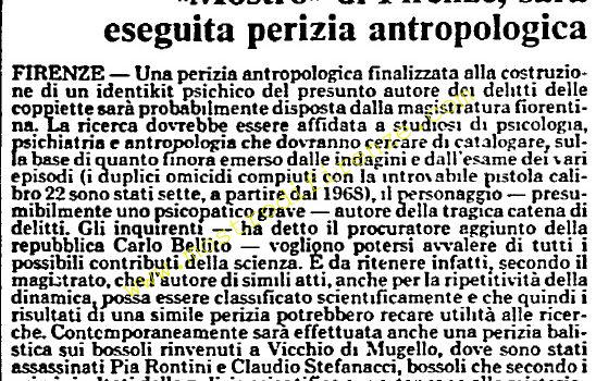 <b>8 Agosto 1984 Stampa: L’Unità – “Mostro” di Firenze, sarà eseguita perizia antropologica</b>