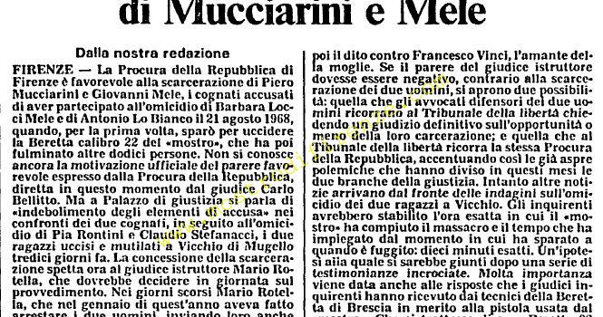 <b>11 Agosto 1984 Stampa: L’Unità – Per i delitti di Firenze si della Procura alla scarcerazione di Mucciarini e Mele</b>