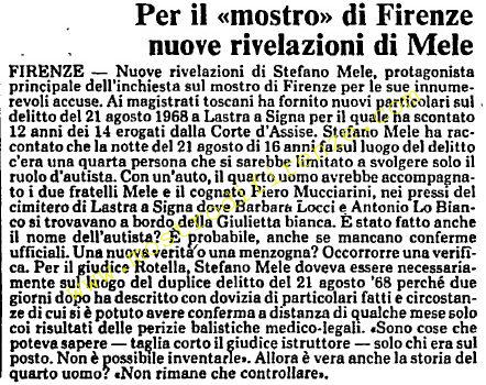 <b>6 Settembre 1984 Stampa: L’Unità – Per il “mostro” di Firenze nuove rivelazioni di Mele</b>