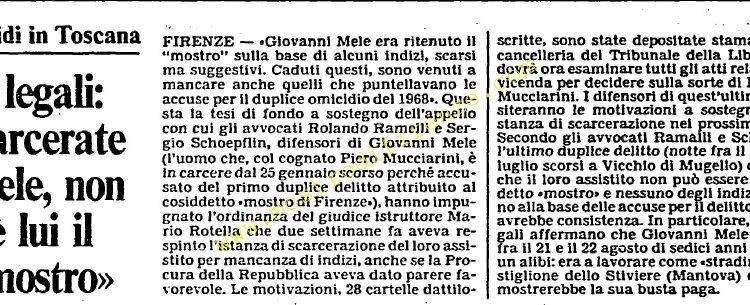 <b>18 Settembre 1984 Stampa: L’Unità – I legali: scarcerate Mele, non è lui il “mostro”</b>