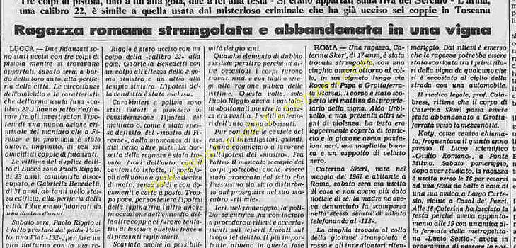 <b>23 Gennaio 1984 Stampa: Stampa Sera – Assassinati in auto i due fidanzati vittime del “mostro di Firenze”?</b>