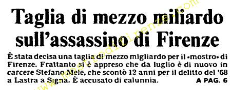 <b>19 Settembre 1985 Stampa: L’Unità – Taglia di mezzo miliardo sull’assassino di Firenze</b>