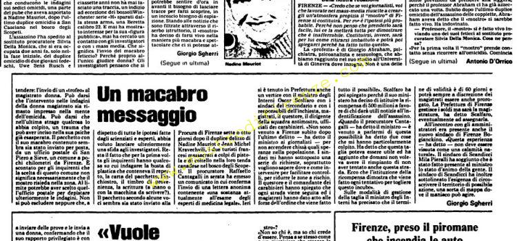 <b>27 Settembre 1985 Stampa: L’Unità – Il “mostro” si fa vivo con un macabro messaggio</b>