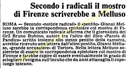 <b>10 Ottobre 1985 Stampa: L’Unità – Secondo i radicali il mostro di Firenze scriverebbe a Melluso</b>