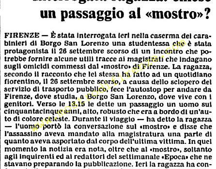 <b>19 Ottobre 1985 Stampa: L’Unità – Interrogata ragazza: chiese un passaggio al “mostro”?</b>