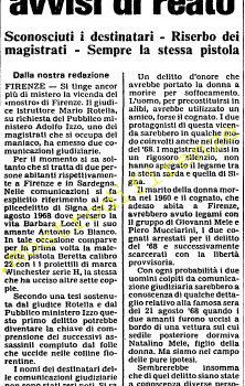 <b>27 Ottobre 1985 Stampa: L’Unità – Firenze, per i delitti due avvisi di reato</b>