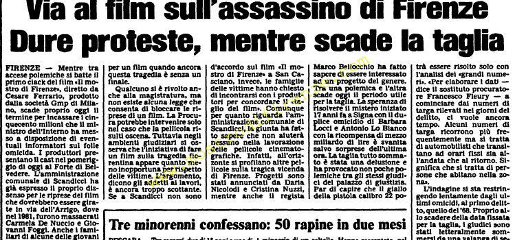 <b>19 Novembre 1985 Stampa: L’Unità – Via al film sull’assassino di Firenze</b>