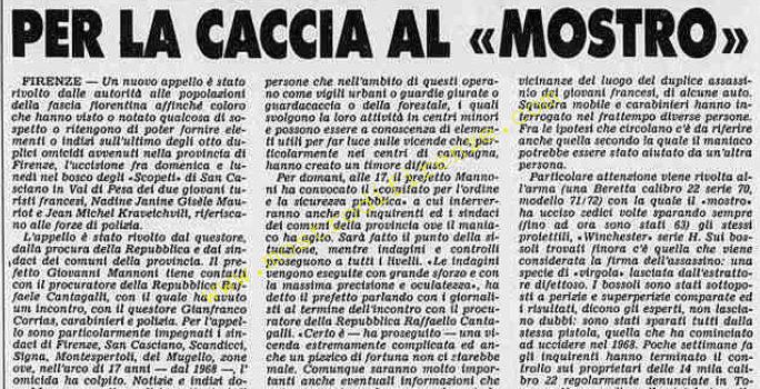 <b>12 Settembre 1985 Stampa: Stampa Sera – Tutti mobilitati a Firenze per la caccia al “Mostro”</b>