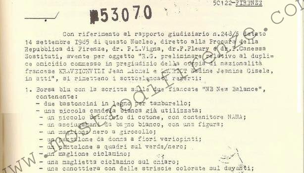 <b>21 Novembre 1985 Oggetti repertati a Scopeti nelle borse di Nadine Mauriot e Jean Michel Kraveichvili</b>